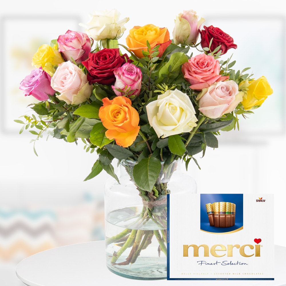 15 Bunte Rosen + Merci Finest Selection (50cm)