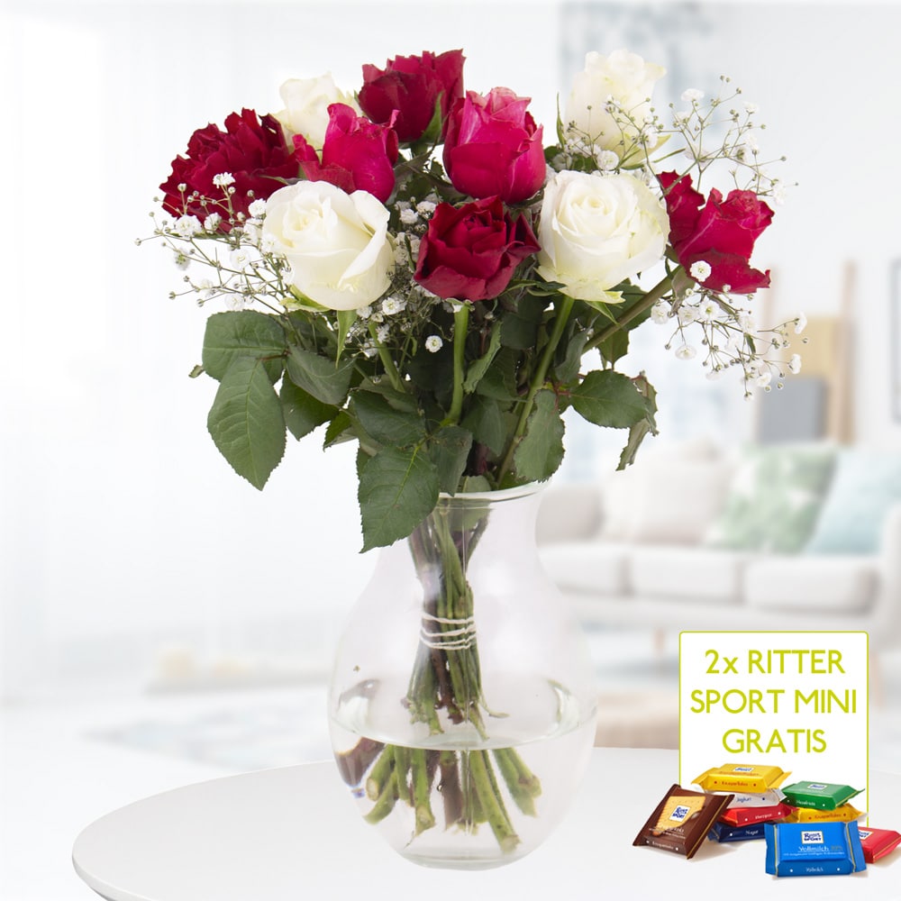 10 gemischte Rosen mit Schleierkraut (40cm) + 2 gratis Mini Schokis